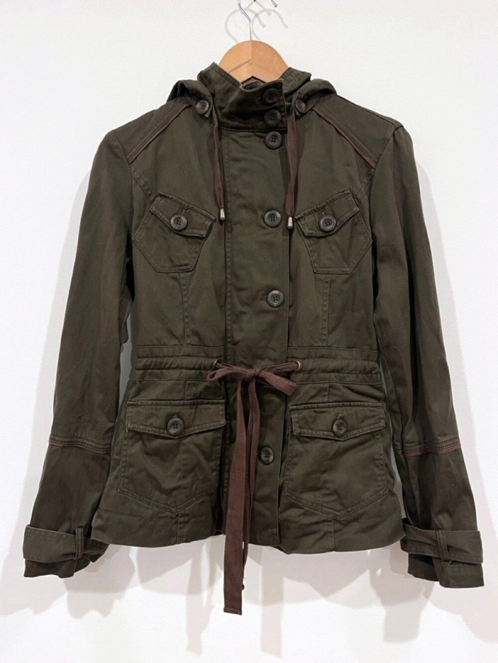 XXI Forever 21 Hooded Utility Jacket Cinch Waist Anorak Olive Green S Military